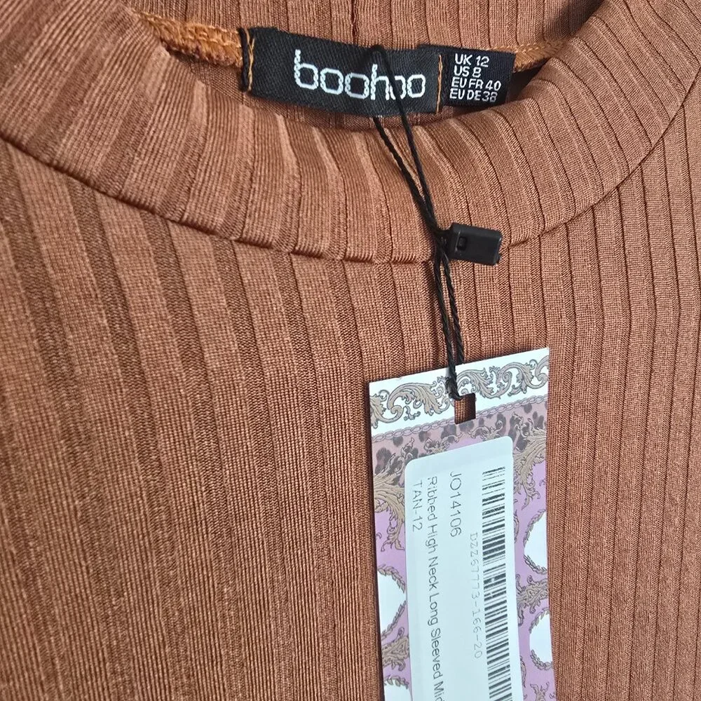 NWT Boohoo Basics Ribbed High Neck Long Sleeved Midi Dress - Picture 3 of 5